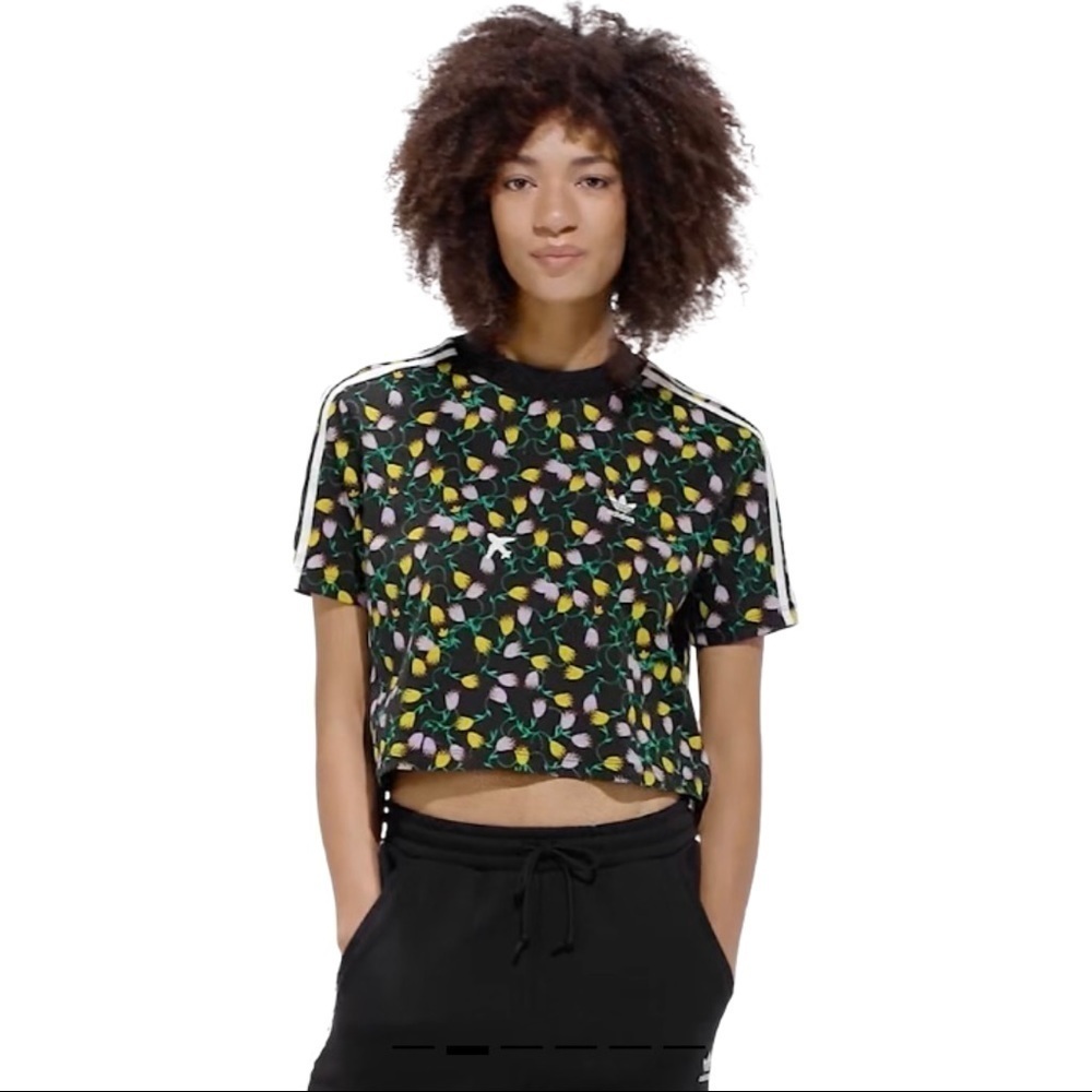 Adidas NWT 3 Stripe Cropped Multi Color AOP Tee